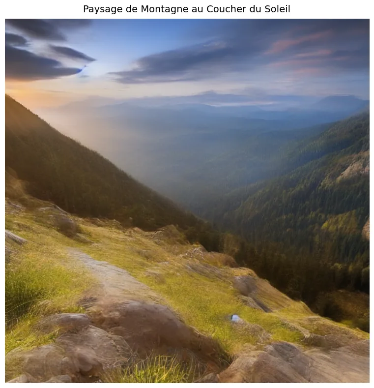 Paysage de montagne serein au coucher de soleil (vallée herbeuse, chaînes de montagnes bleutées, éclairage golden hour), photoréaliste, généré par SDXL Turbo via Forge