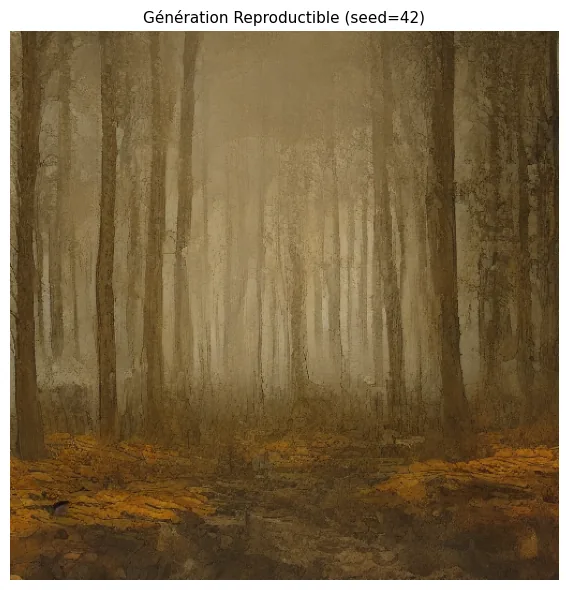 Forêt brumeuse aux troncs verticaux et mousses orangées, générée avec seed fixe 42 pour reproductibilité