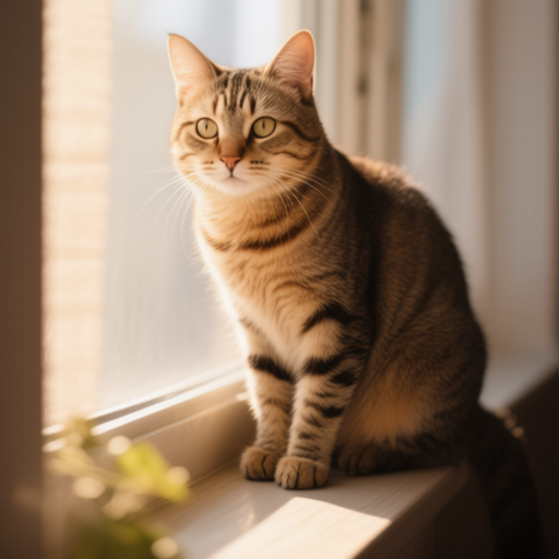 Chat tigré domestique sur appui de fenêtre en bois — première génération hello-world du workflow ComfyUI Qwen Image Edit 2509 (~277 s, ~29 GB VRAM)