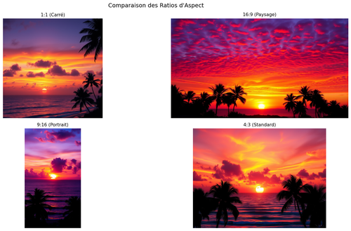 Comparatif de ratios d'aspect FLUX-1 — même coucher de soleil sur palmiers rendu en 4 ratios (1:1 carré, 16:9 paysage, 9:16 portrait, 4:3 standard)