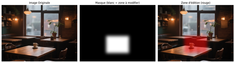 Triptyque d'édition Qwen Image Edit — image originale d'intérieur de café (gauche), masque blanc flou (centre), zone d'édition marquée en rouge (droite)