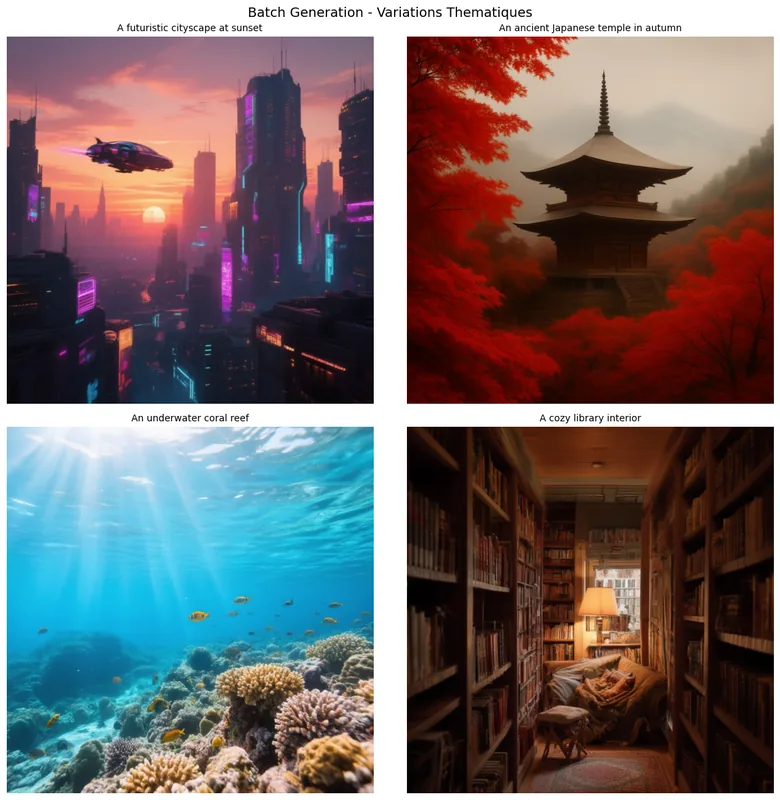 Batch generation Qwen Image Edit — mosaïque 4 variations thématiques (cityscape futuriste au coucher de soleil / temple japonais en automne / récif corallien sous-marin / bibliothèque cosy avec chat)