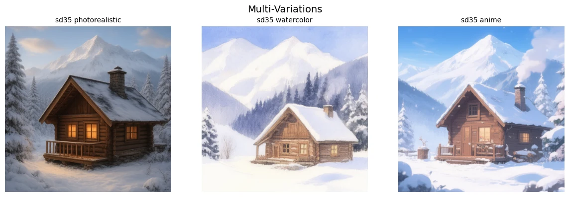 Variations stylistiques SD35 sur un même prompt (chalet en rondins de bois dans montagnes enneigées) — 3 styles : photoréaliste (rendu photographique chaud), aquarelle (couleurs pastel, contours fondus), anime (couleurs saturées, contours marqués, ambiance manga)