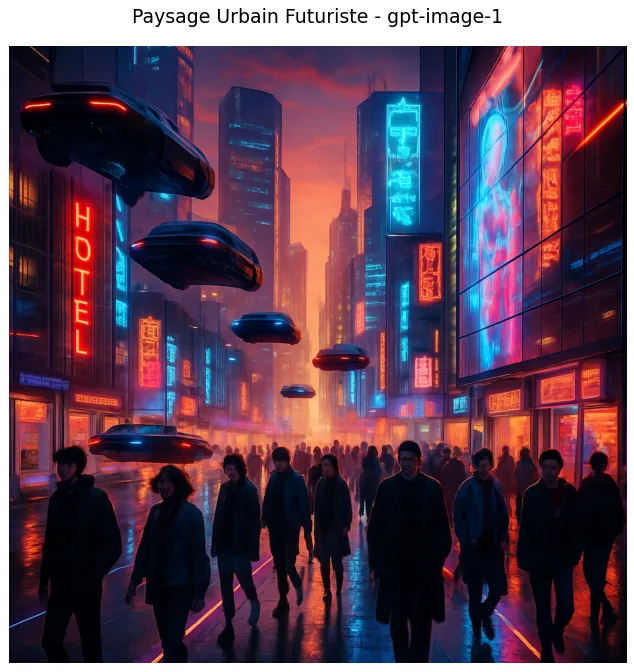 Paysage urbain futuriste cyberpunk au coucher de soleil (voitures volantes, gratte-ciels néon, enseignes holographiques, foule de silhouettes) généré par gpt-image-1.