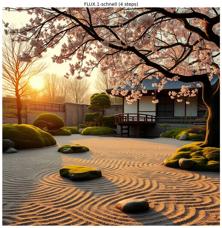 Jardin japonais zen au coucher de soleil (cerisier en fleurs, maison traditionnelle, gravier ratissé, rochers moussus) généré par FLUX.1-schnell en 4 steps via ComfyUI.