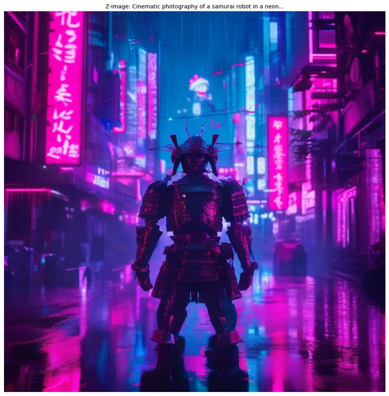 Samouraï robot dans une ville cyberpunk japonaise sous la pluie (armure mécanique à casque cornu, néons roses et magenta, enseignes verticales en kanji, reflets sur sol mouillé) — génération Z-Image Lumina2.