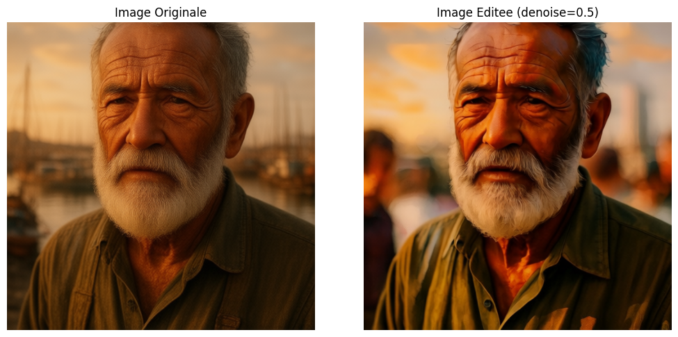 Panneau avant/après Qwen Image Edit — rendu réel : portrait Originale (pêcheur au coucher de soleil sur le port) et Image Editée denoise=0.5 (même sujet, contraste renforcé, reflets chauds en arrière-plan), sujet préservé par Qwen Phase 29.