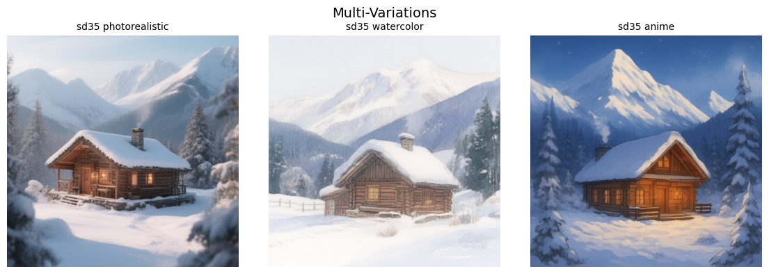 Multi-Variations SD35 — rendu réel : trois variations de style sur le même sujet (chalet en bois sous la neige), labels sd35 photorealistic / watercolor / anime, orchestration reproductible d'un même prompt avec variations de style.